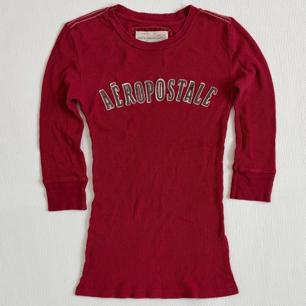 Aeropostale y2k Thermal Waffle Knit Logo Shirt XS Red
